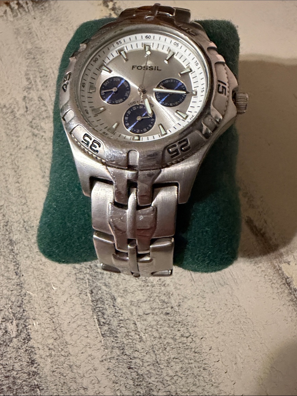 Fossil Men's Silver Chronograph Watch with Blue Subdials